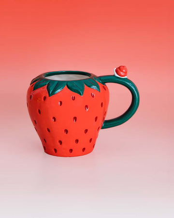 12 oz. strawberry ceramic mug with 3D snail on the handle on red and white ombre background