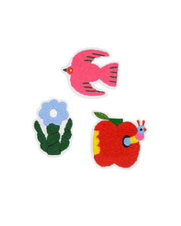 set of three fuzzy stickers: pink bird, blue flower and apple and worm