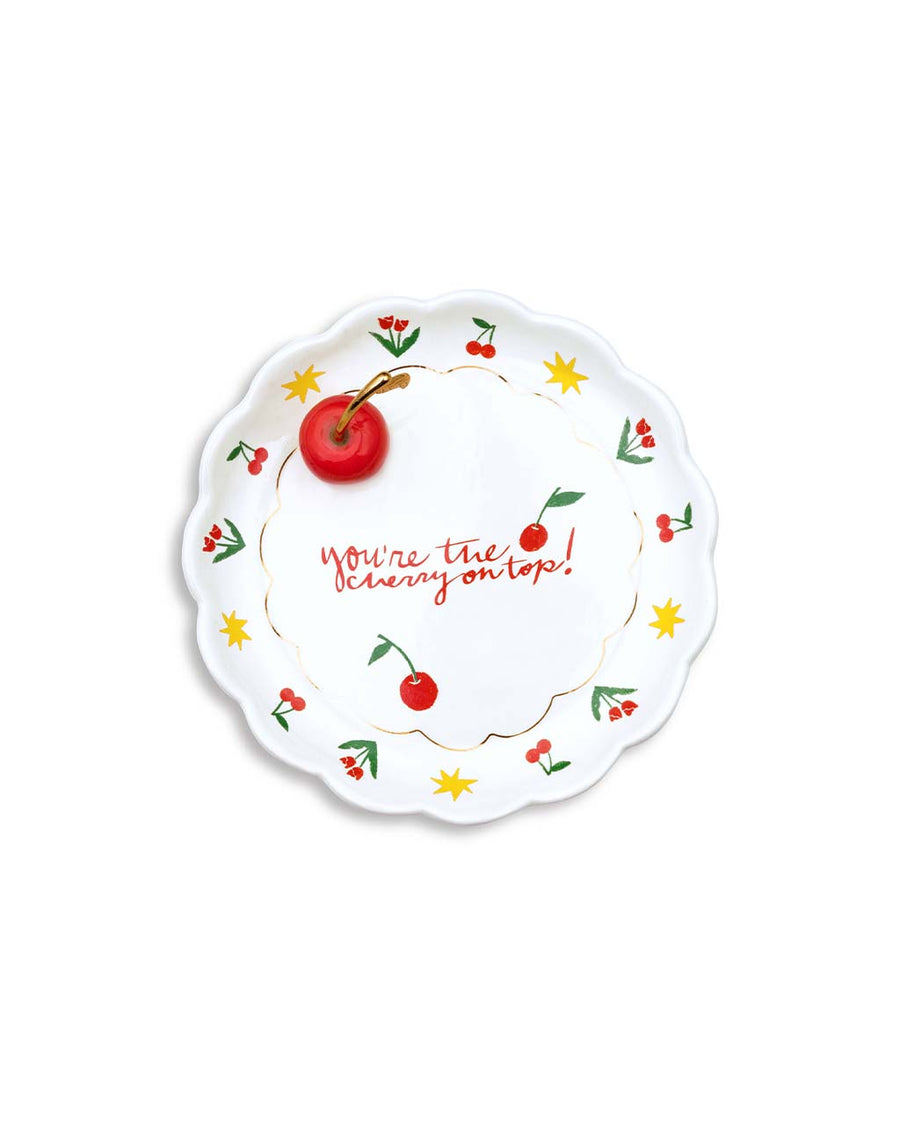 white trinket tray with abstract print with 'you're the cherry top!' and 3D cherry ring holder