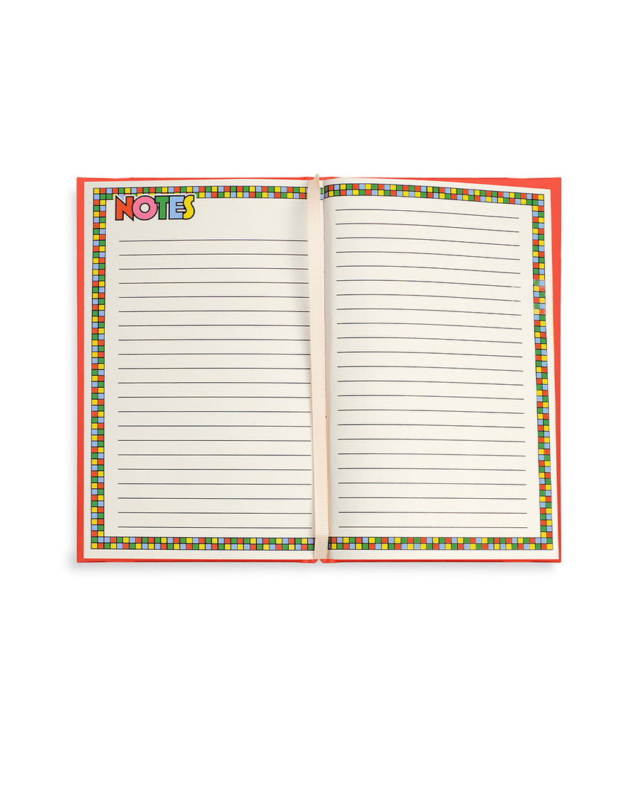 lined notes pages with colorful checkered border