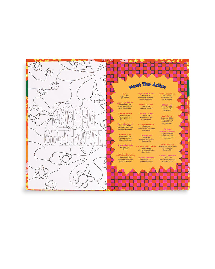 meet the artists page and choose optimism coloring page