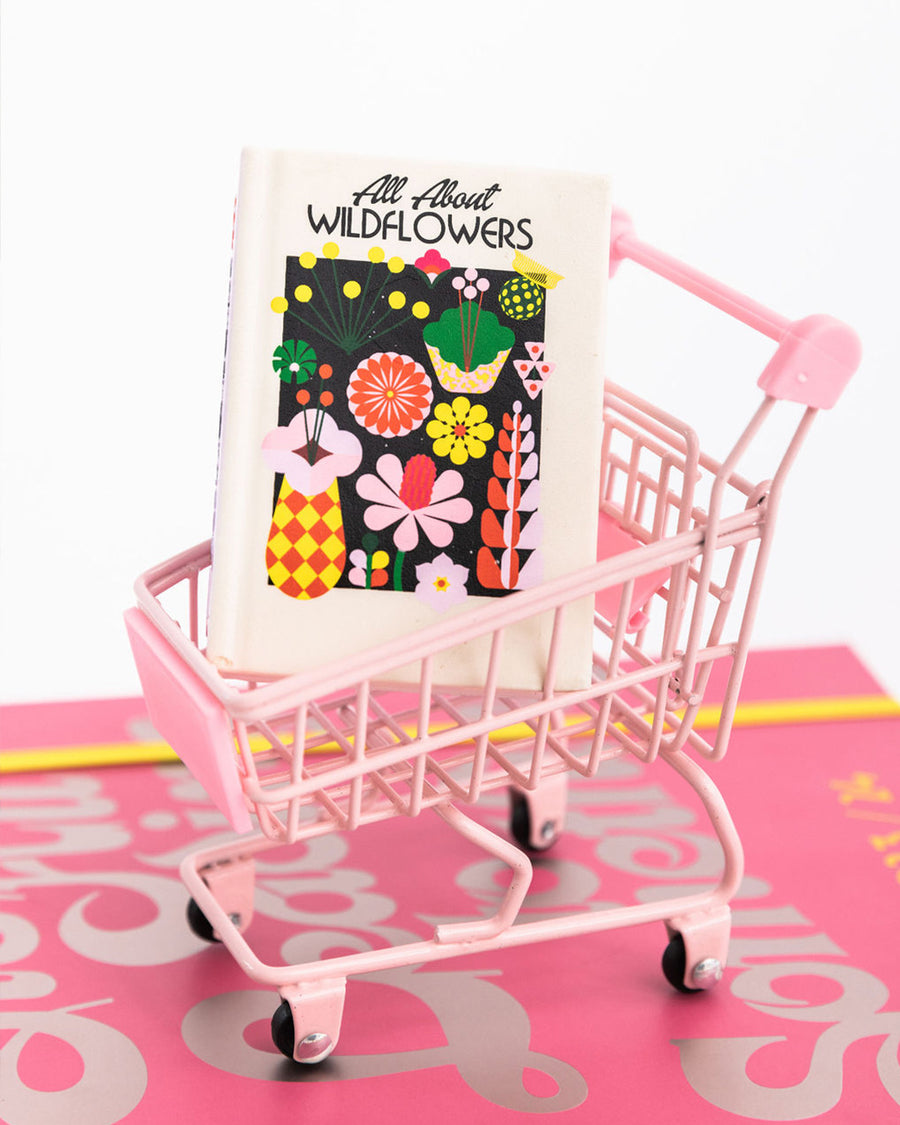 de-stress ball shaped like a book about wildflowers in a pink mini cart