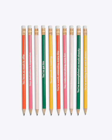 set of 10 pencils in pink, red, blush, green, yellow with compliment phrases in white text