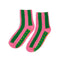 pink and green vertical stripe cozy socks with green grippies in the bottom