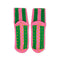bottom view of pink and green vertical stripe cozy socks with green grippies in the bottom