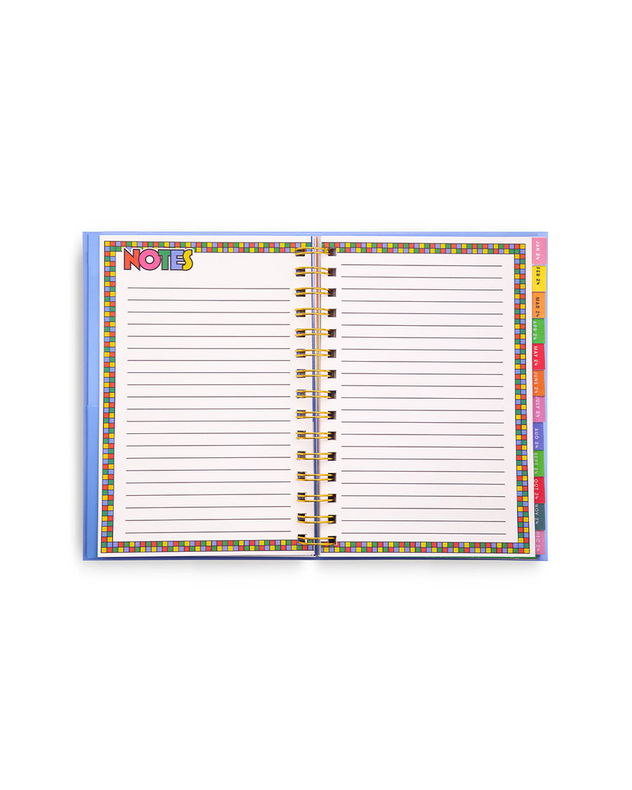 lined notes pages with colorful checkerboard border