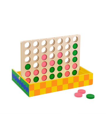 4 in a row game set with wooden green and pink pieces and checkered and squiggle storage box