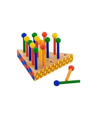 primary colored peg game with wooden base and 15 pegs