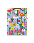 clipboard folio with blue ground and colorful abstract floral print