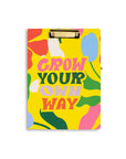 clipboard folio with yellow ground and colorful 'grow your own way' text