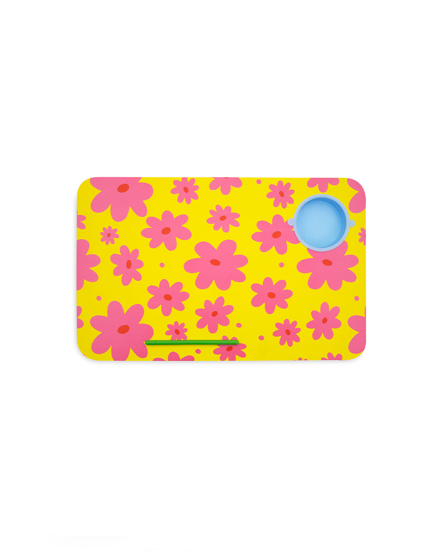 mini lap desk with yellow ground, pink flowers, cup holder and pen holder
