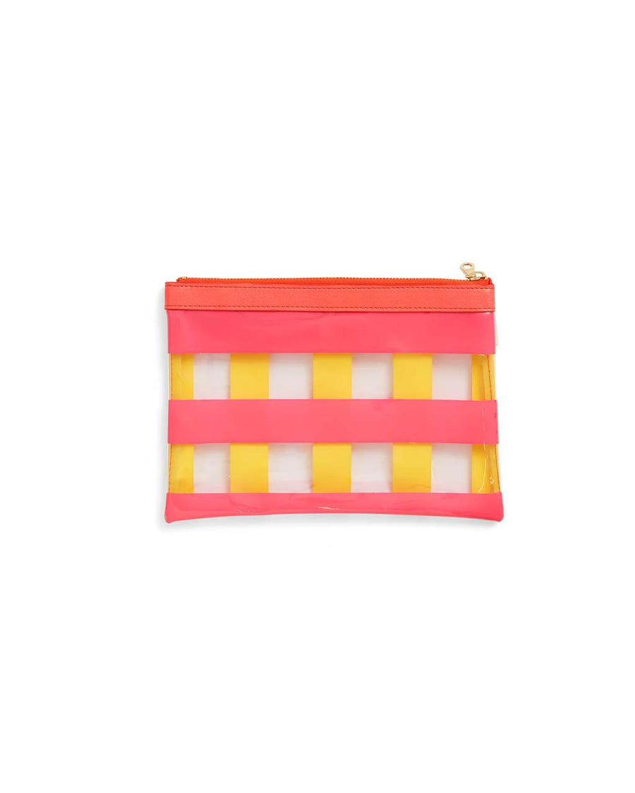 clear plastic zip pouch with yellow and pink stripes
