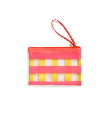 yellow and pink striped zipper pouch with pink wrist strap