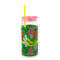 glass 20 oz tumbler with pink lid, yellow straw and sleeve with a green abstract floral print