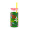 backview of glass 20 oz tumbler with pink lid, yellow straw and sleeve with a green abstract floral print