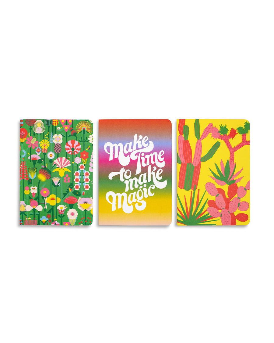 set of three pocket notebooks: green geometric floral, make time to make magic, and yellow cactus
