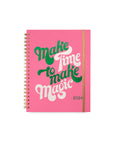 pink large soft cover 12 month planner with white and green 'make time to make magic' and gold elastic closure