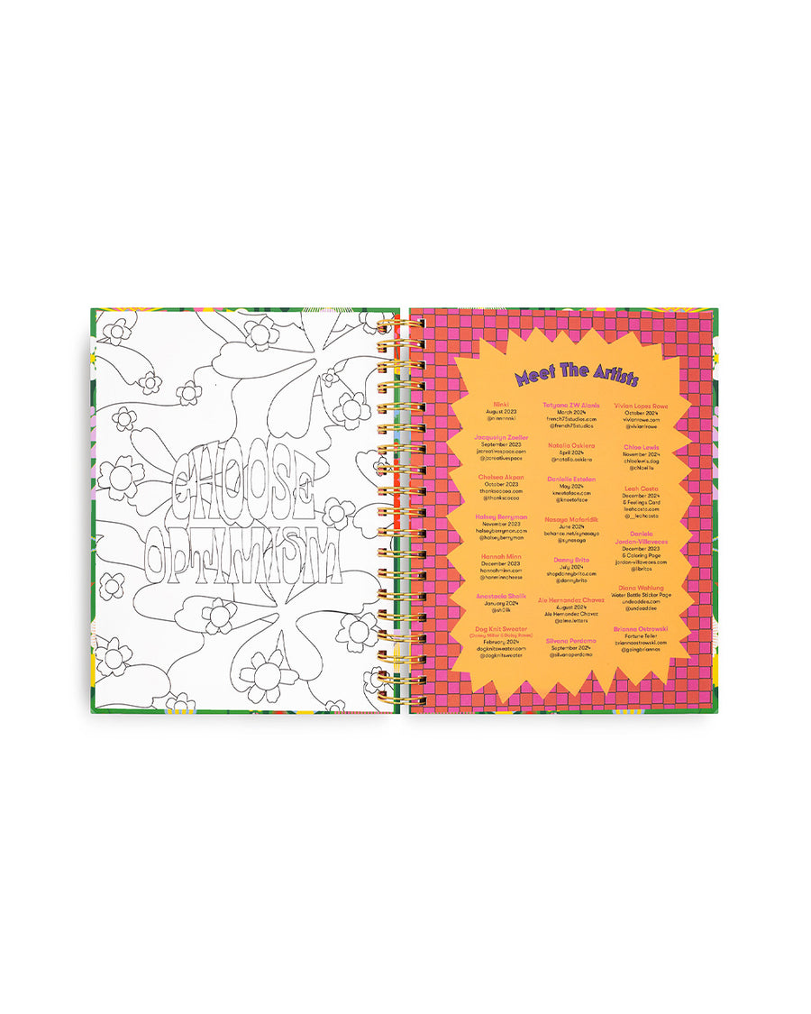 meet the artists page and 'choose optimism' coloring page