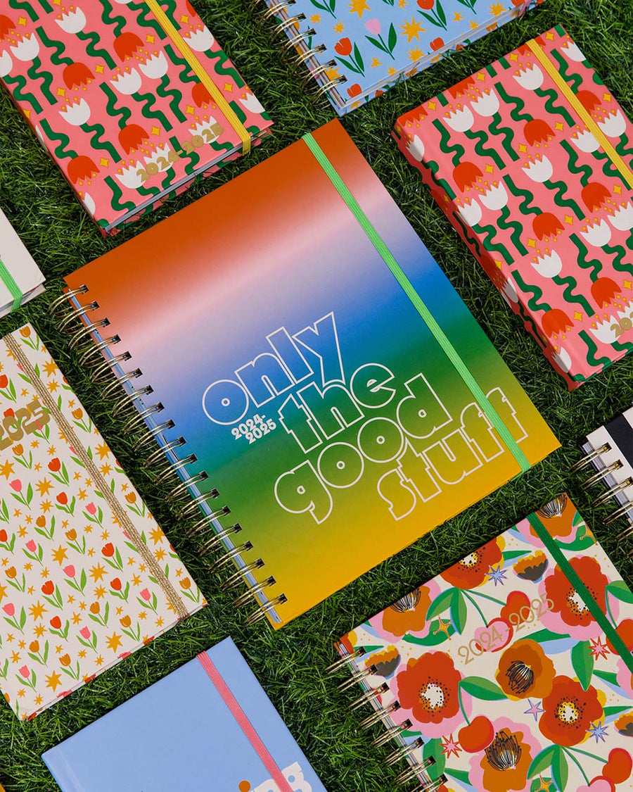 large 17-month planner with colorful ombre stripe and 'only the good stuff' typography laying on grass surrounded by planners