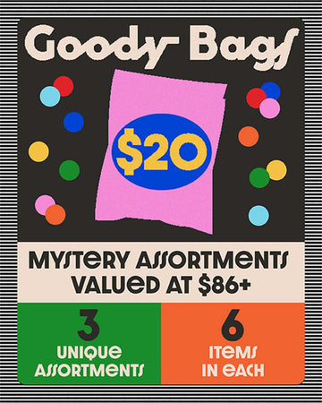 $20 goody bags! mystery assortments valued at $86+. 3 unique assortments, 6 items in each