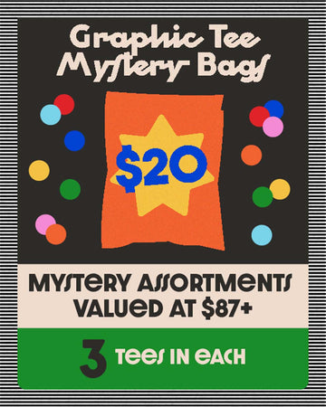 graphic tee mystery packs. mystery assortments valued at $87+, 3 tees in each