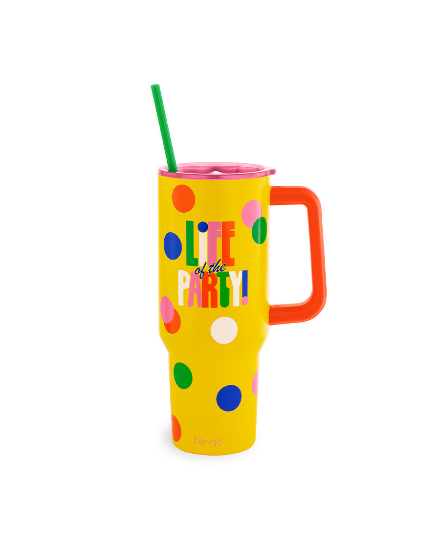 yellow mega 40 oz stainless steel tumbler with colorful 'life of the party' on the front