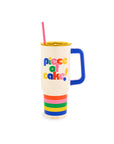 white mega 40 oz stainless steel tumbler with colorful 'piece of cake!' on the front