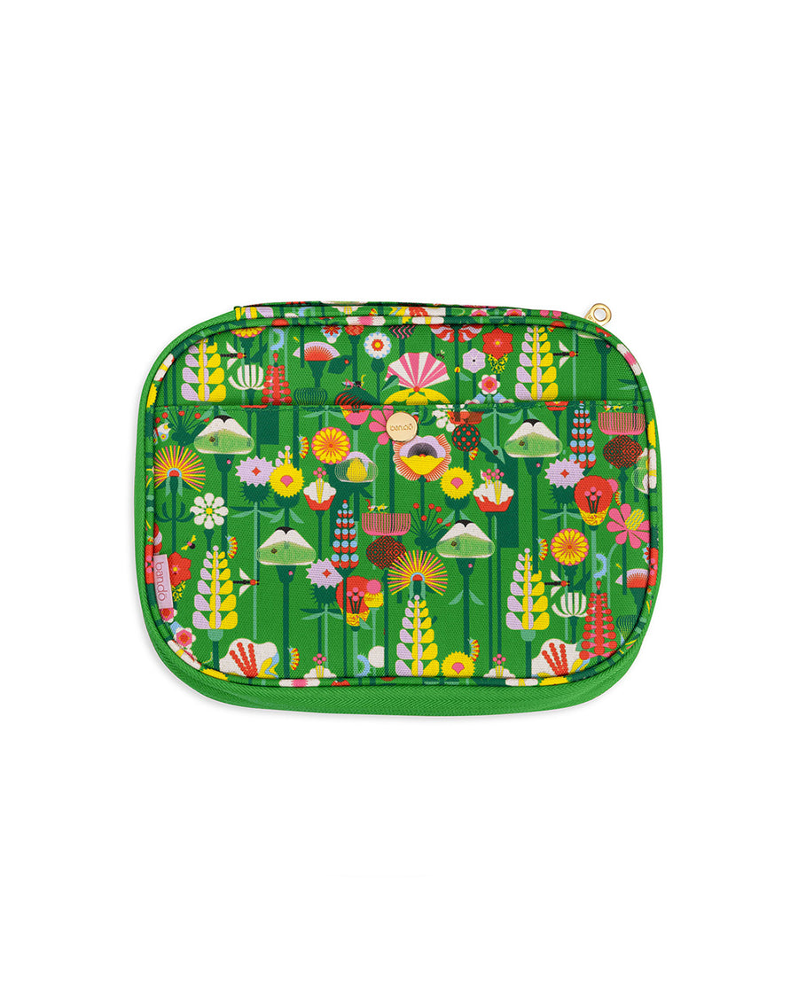 mobile tech pouch with green ground and colorful abstract flower print