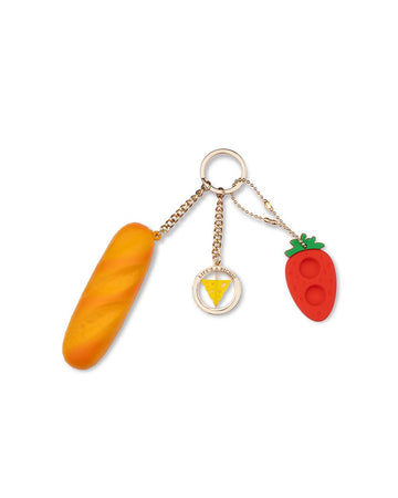 fidget keychain with bread de-stress ball, cheese spinner and strawberry pop-it
