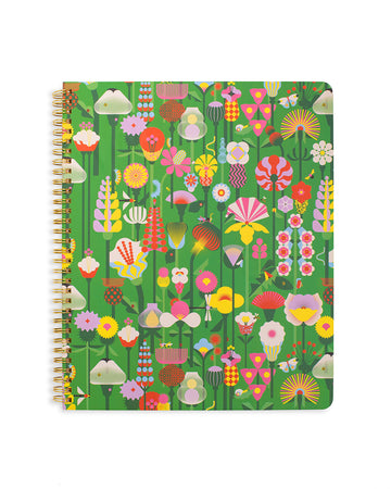 large rough draft notebook with green ground and vibrant abstract floral print