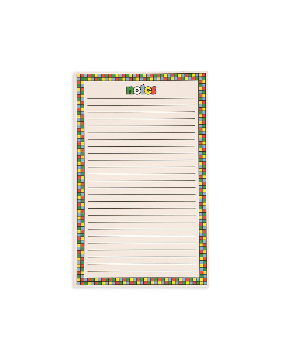 large notepad with checker border, lines and colorful 'notes' text