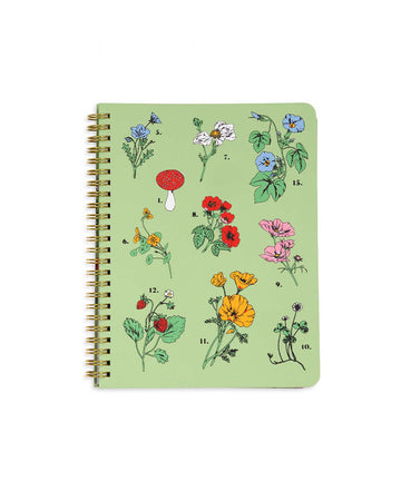 green mini rough draft notebook with floral and mushroom botanical print