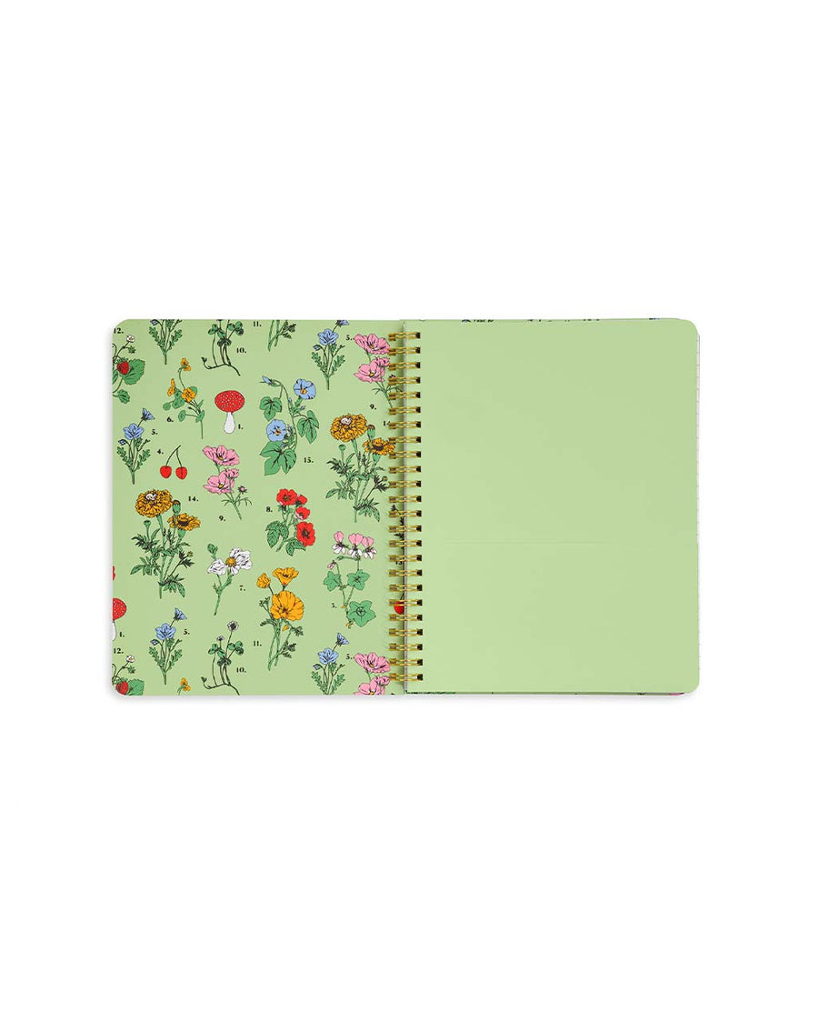 inside cover and pocket of green mini rough draft notebook with floral and mushroom botanical print