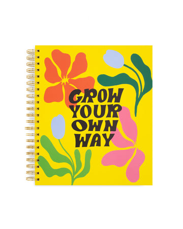 three subject notebook with yellow cover and abstract floral and black 'grow your own way' text