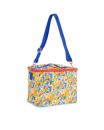 side view of cooler bag with vibrant fairgrounds print and royal blue adjustable strap