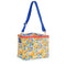 side view of cooler bag with vibrant fairgrounds print and royal blue adjustable strap