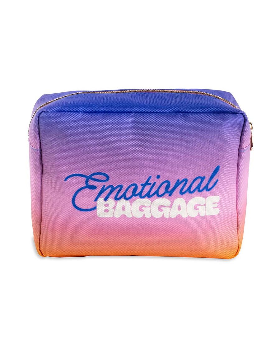 ombre cosmetic bag with 'emotional baggage' across the front