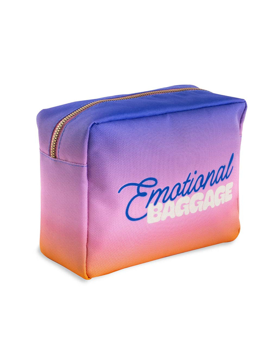 back view of ombre cosmetic bag with 'emotional baggage' across the front