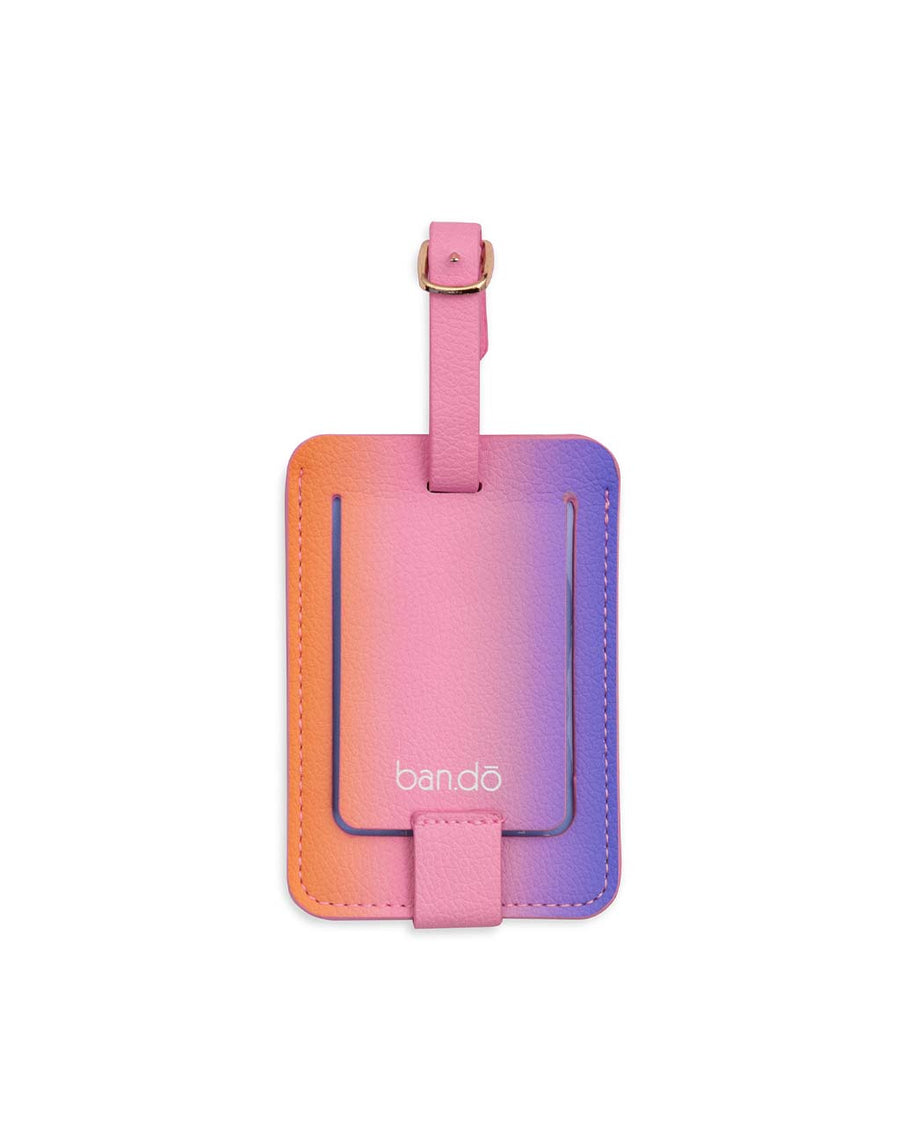 back view of purple, pink and orange ombre 'emotional baggage' luggage tag