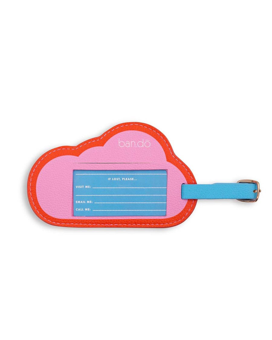 back view of cloud shaped 'head in the clouds' retro colored luggage tag