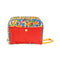 front view of toiletry bag with red pocket and colorful fairground print