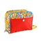 toiletry bag with red pocket and colorful fairground print