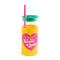 glass tumbler with yellow sleeve that says 'i got smooched at the tunnel of love', green lid and pink straw