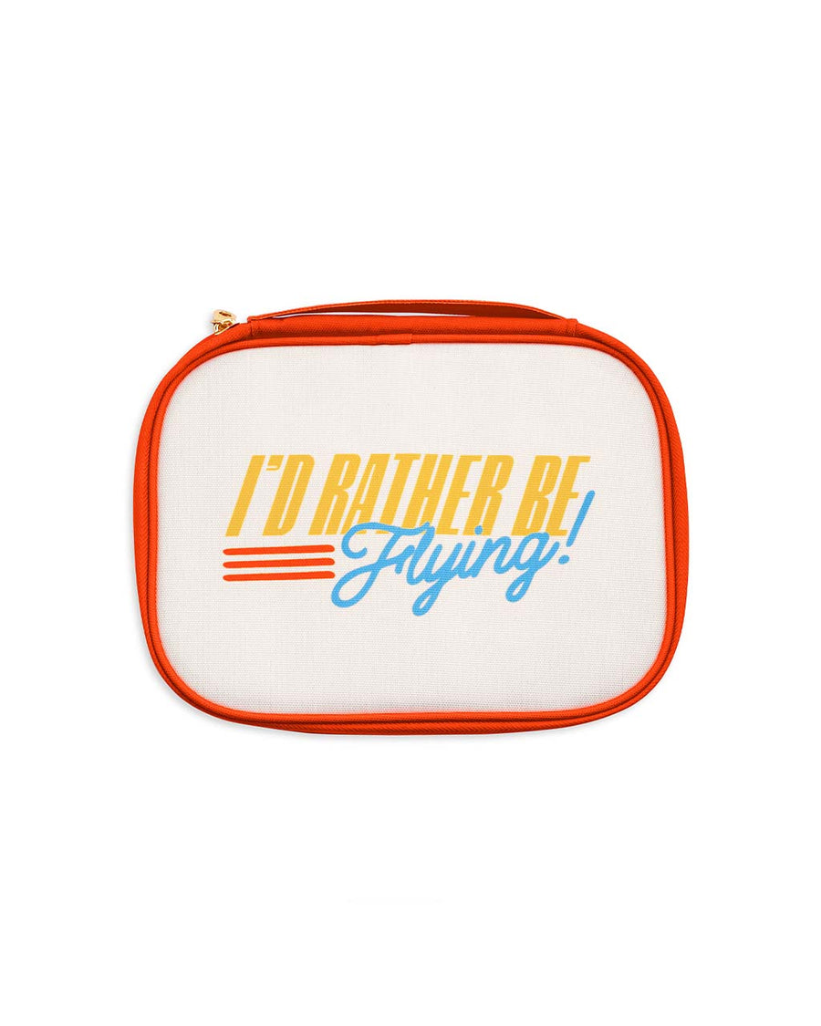 cream tech pouch with red trim and retro 'i'd rather be flying' across the front