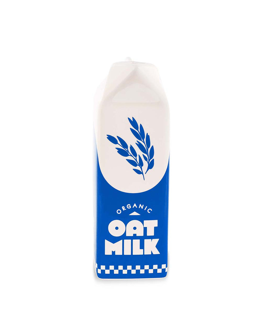 front view of white and blue carton shaped ceramic vase with 'organic oat milk' across the front