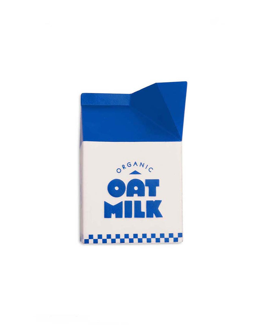 white and blue oversized oat milk carton de-stress ball