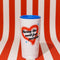 white stainless steel mug with air sprayed 'having the most fun possible' and blue lid on red and white stripe background