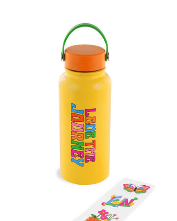yellow 33 oz.  stainless steel water bottle with colorful 'love the journey' across the front and comes with three stickers