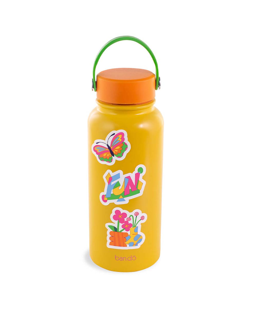 back view of yellow 33 oz.  stainless steel water bottle with colorful 'love the journey' across the front and comes with three stickers