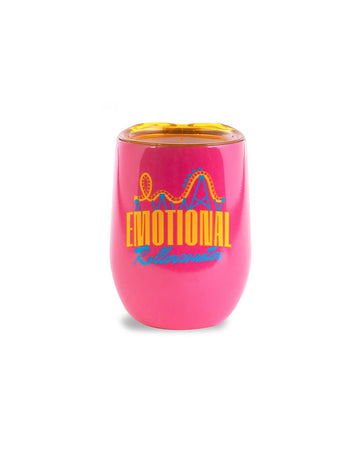 hot pink stainless steel wine glass with 'emotional rollercoaster' across the front and yellow translucent lid